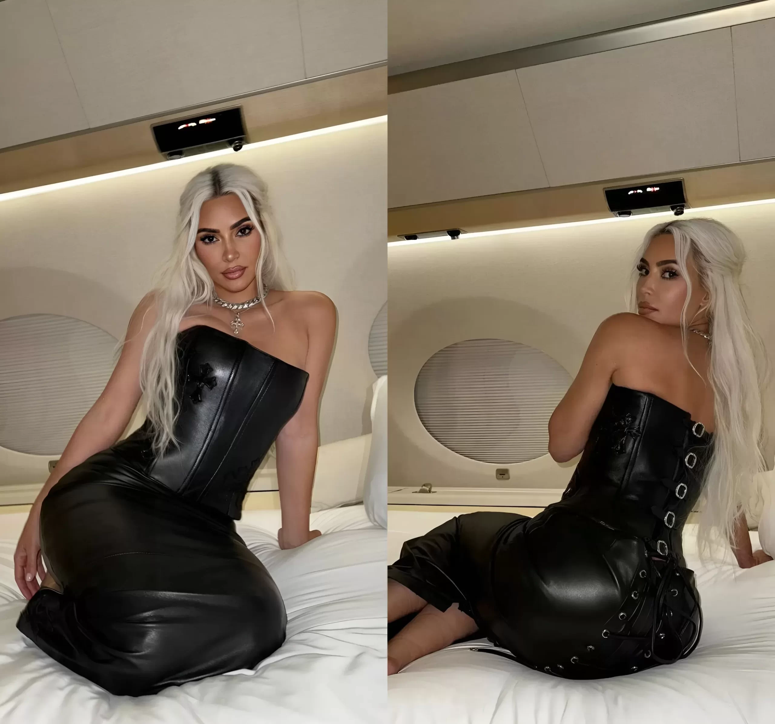 Cover Image for Kim Kardashian Strikes a Pose in Leather Set on Bed in Her Private Jet — Yes, There’s a Corset